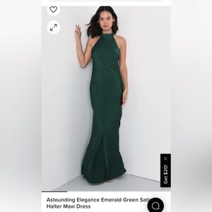 Lulu’s Dark Green Satin Halter Dress with Back Straps- Size Medium & Small